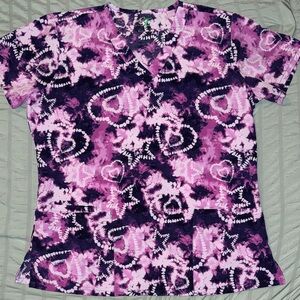 Women's Purple and Pink Tie-dye Heart Patterned Scrub Top